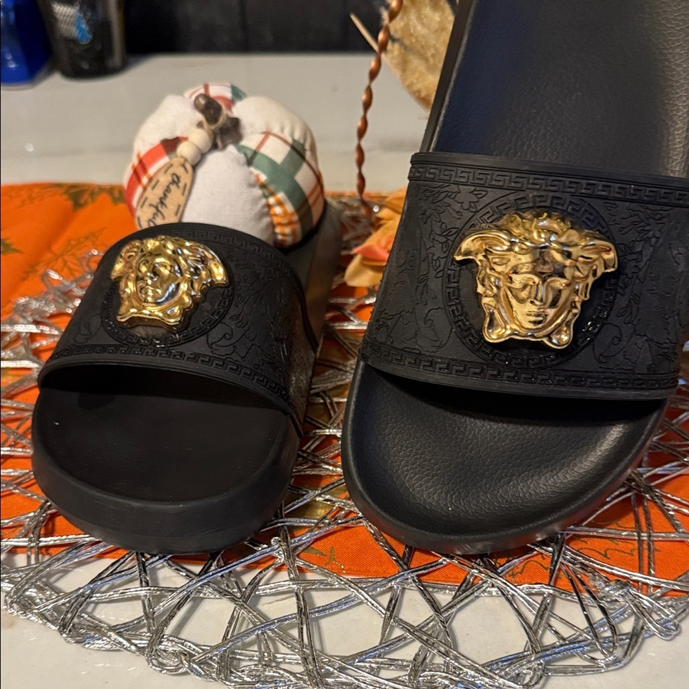 Versace Men's Black Slides with Gold Medusa